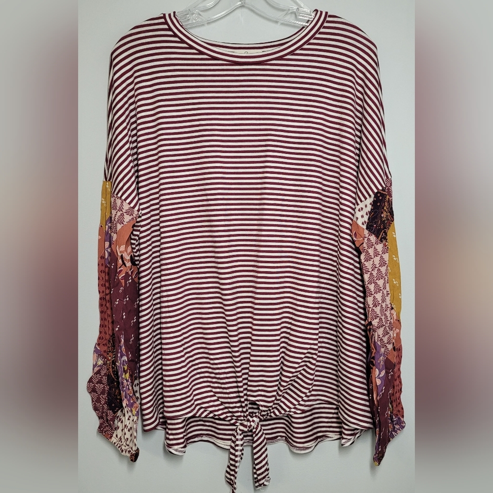e.Luna Striped Burgundy Patchwork Sleeve Sweatshirt 2X NWOT